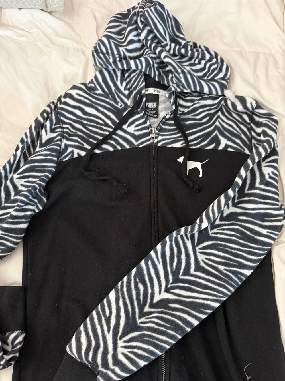 PINK Victoria's Secret Black Zip-Up Hoodie with Zebra Print Sleeves